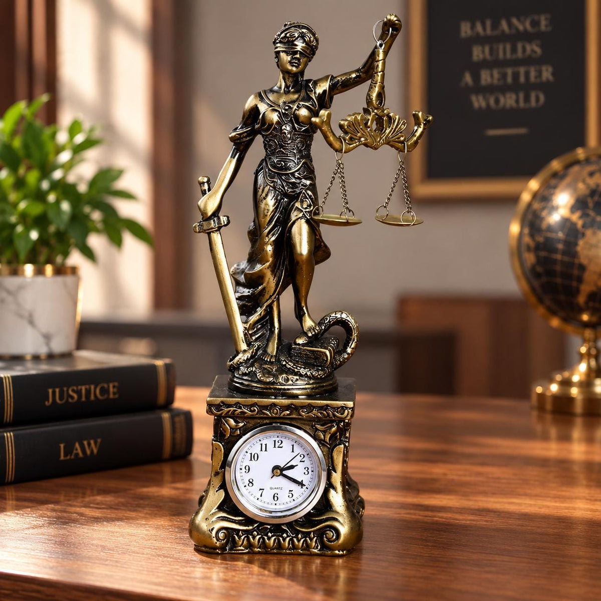 Lady Justice Statue with Clock, Lawyer Office Decor, Legal Gift, Scales Figurine, Law Firm Desk Ornament, Attorney Present.