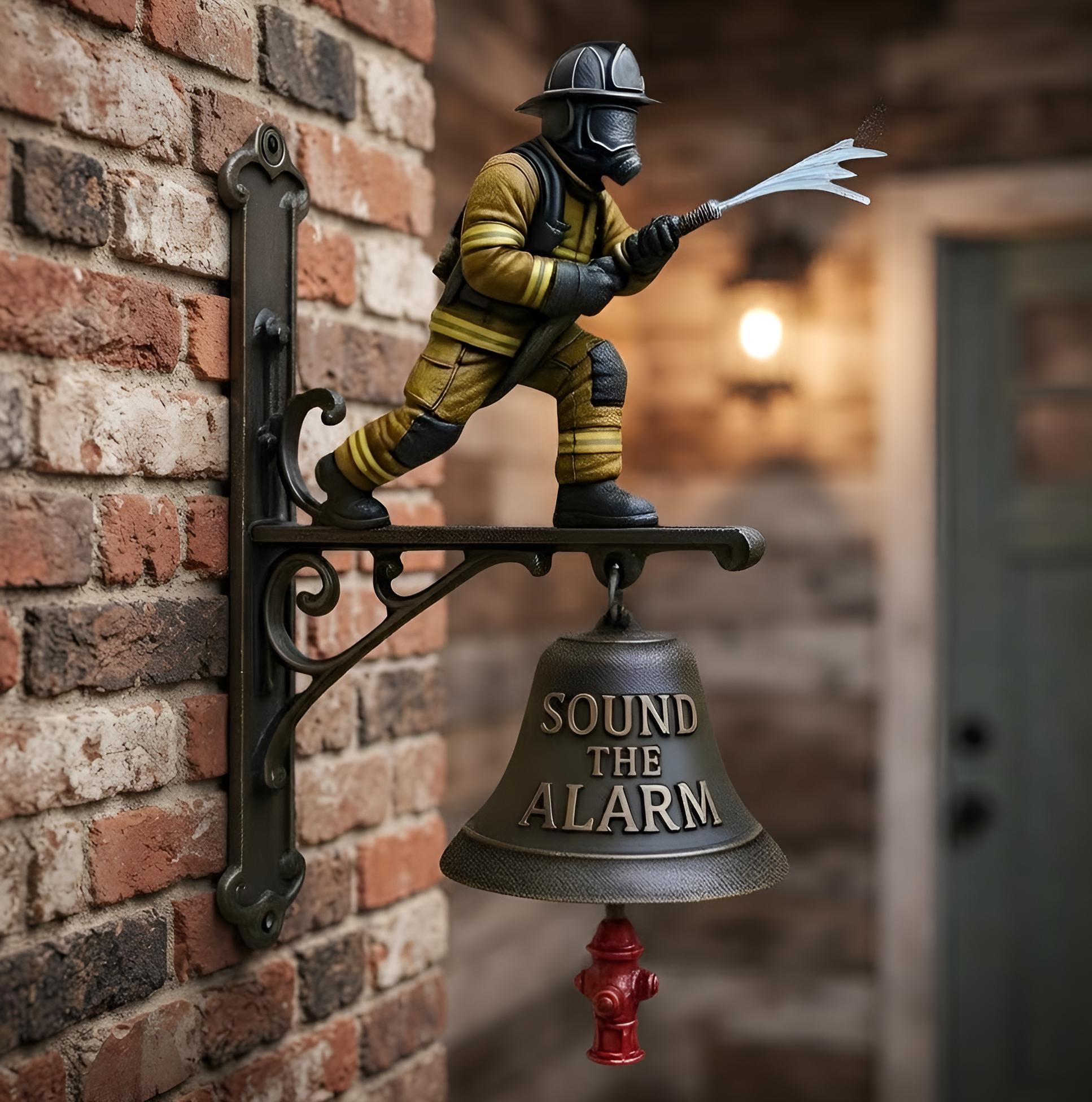 Firefighter Bell Wall Decor, Fireman Garden Statue, Vintage Alarm, Rustic Entryway Accent, First Responder Gift, Outdoor Porch Art.