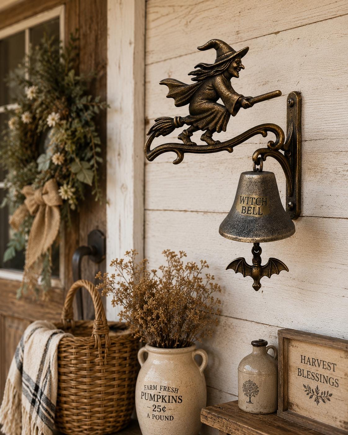 Witch Bell Wall Decor, Halloween Door Chime, Flying Witch Broom Hanger, Gothic Porch Accent, Spooky Entryway Ornament, Autumn Home Gift