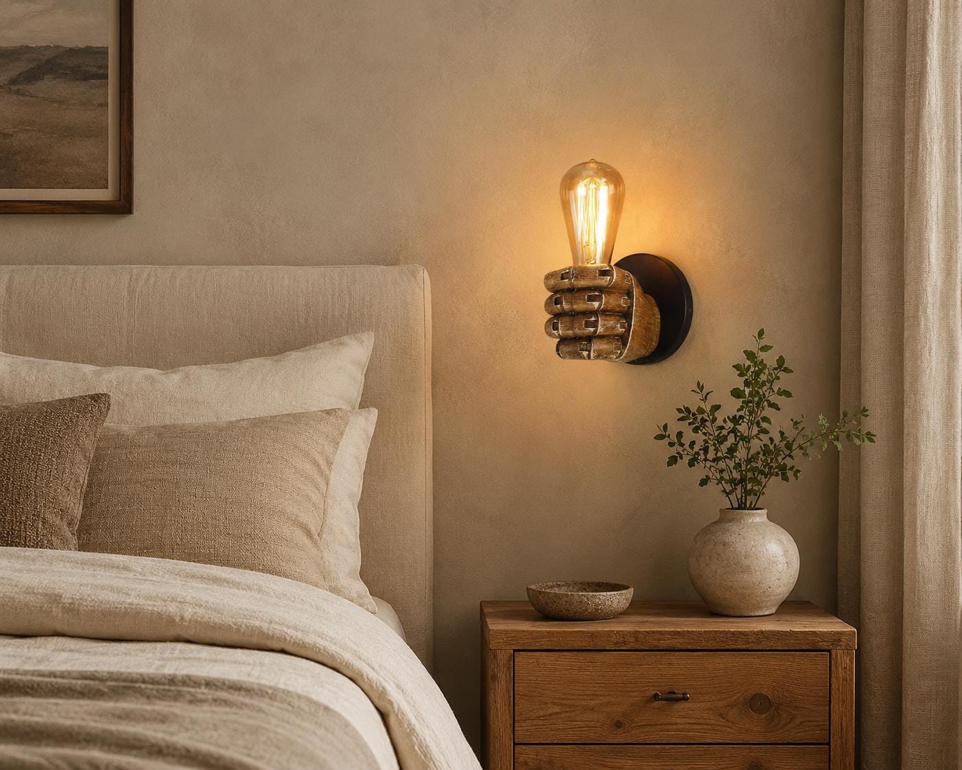 Rustic Hand Wall Light, Wood Look Resin Wall Sconce, Vintage Bedside Lamp, Industrial Bedroom Lighting, Unique Home Decor Gift,Bedroom Decor