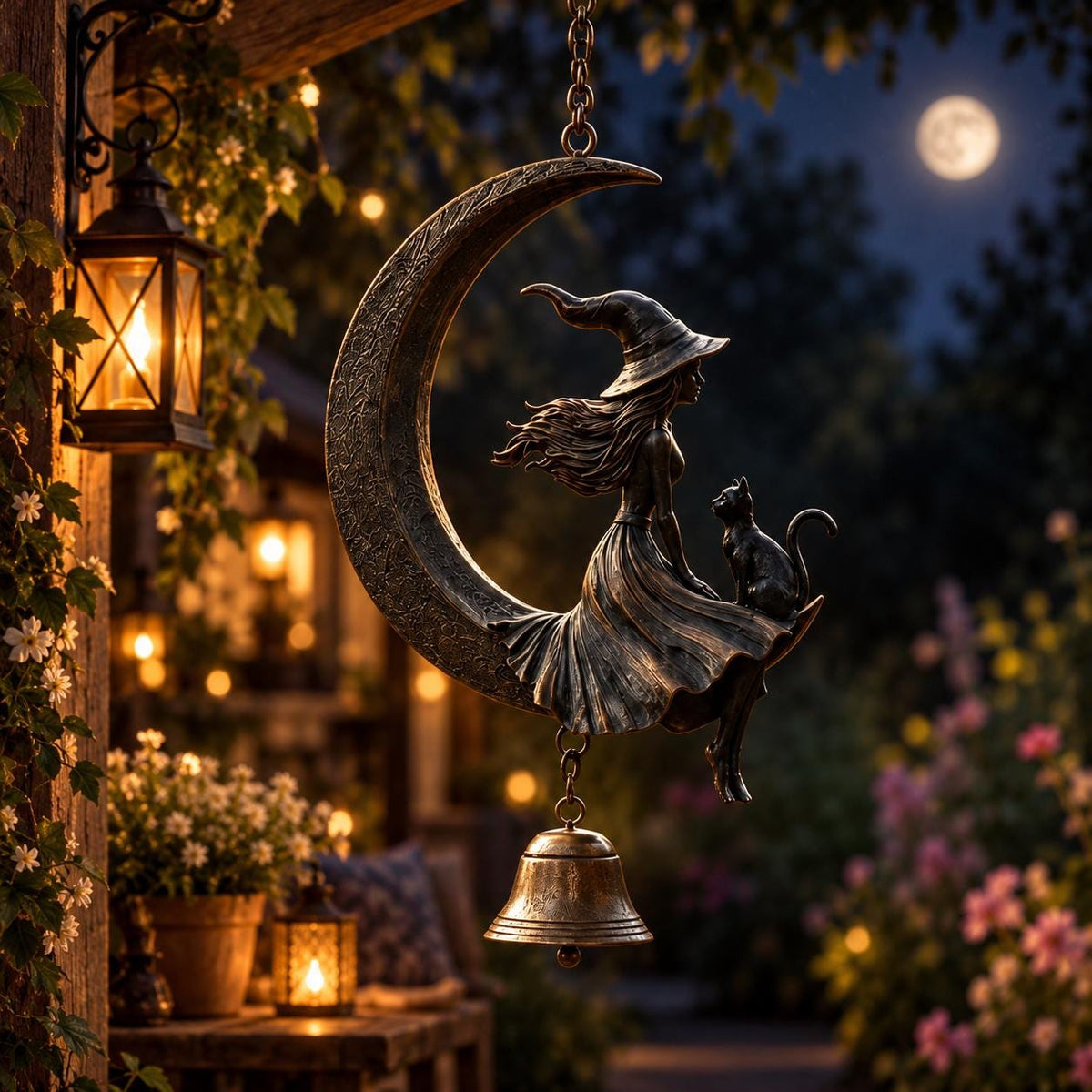 Witch Moon Wind Chime, Crescent Hanging Decor, Gothic Garden Ornament, Halloween Patio Accent, Mystical Witch Gift, Outdoor Bell