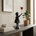 Banksy Girl with Red Heart Balloon Figurine, Black Silhouette Statue, Modern Street Art Home Decor Accent, Abstract Desk Sculptures.