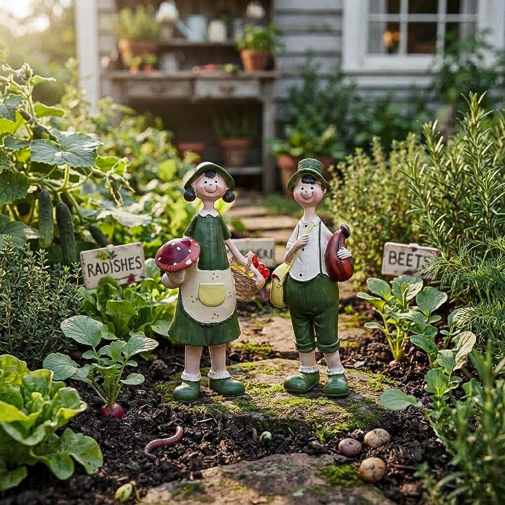 Garden Couple Figurines Set, Mini Farmer Couple Statue, Fairy Garden Decor, Resin Garden Ornament, Outdoor Yard Decoration Gift, Farm Decor