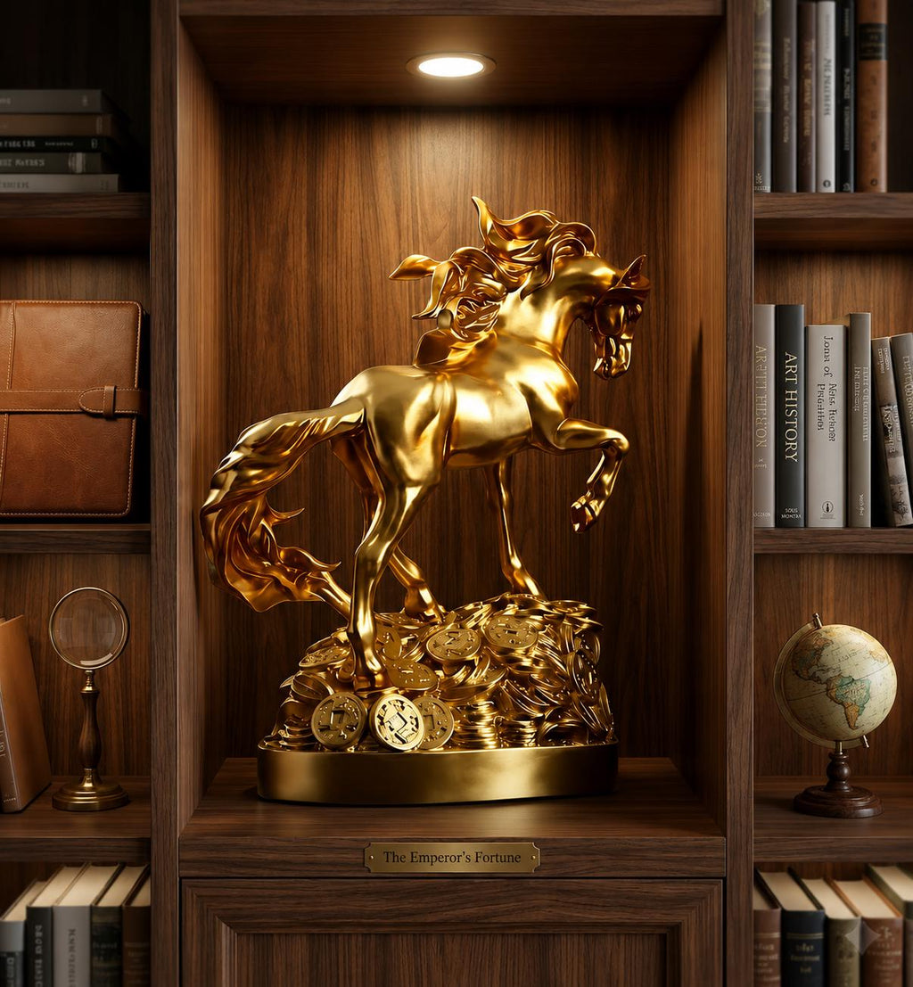 Golden Horse Statue, Feng Shui Wealth Decor, Galloping Equine Sculpture, Prosperity Coin Accent, Luxury Mantel Ornament, Office Gift.