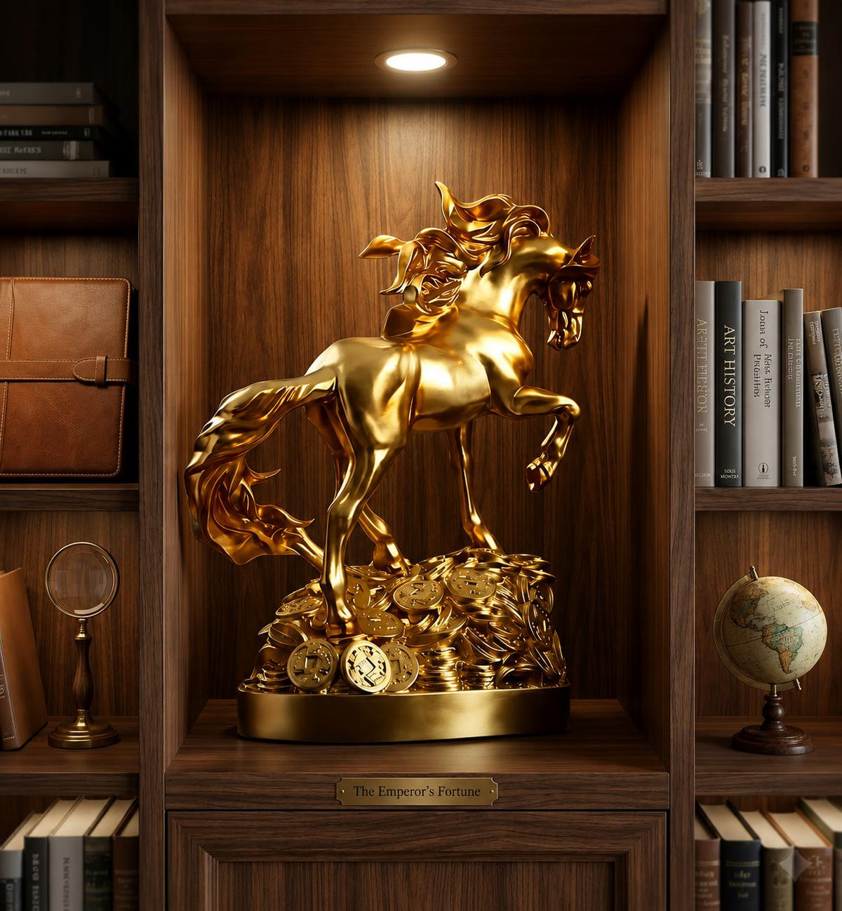 Golden Horse Statue, Feng Shui Wealth Decor, Galloping Equine Sculpture, Prosperity Coin Accent, Luxury Mantel Ornament, Office Gift.