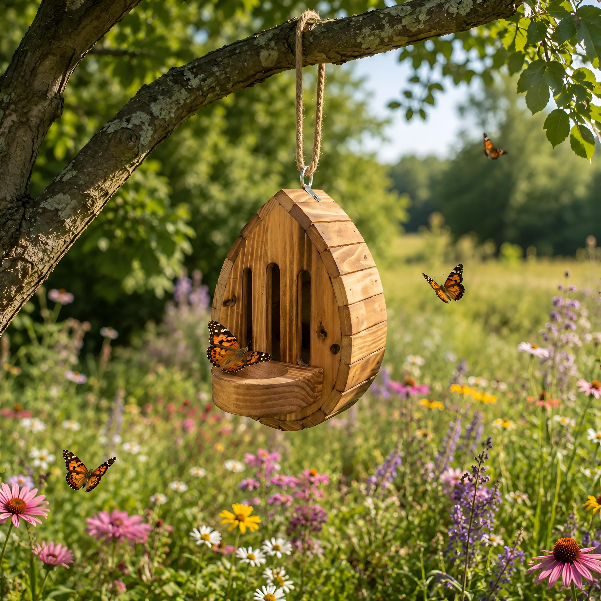 Hanging Wooden Butterfly Shelter, Rustic Butterfly Habitat, Outdoor Garden Insect House, Pollinator Friendly Yard Decor Gift, Garden Decor