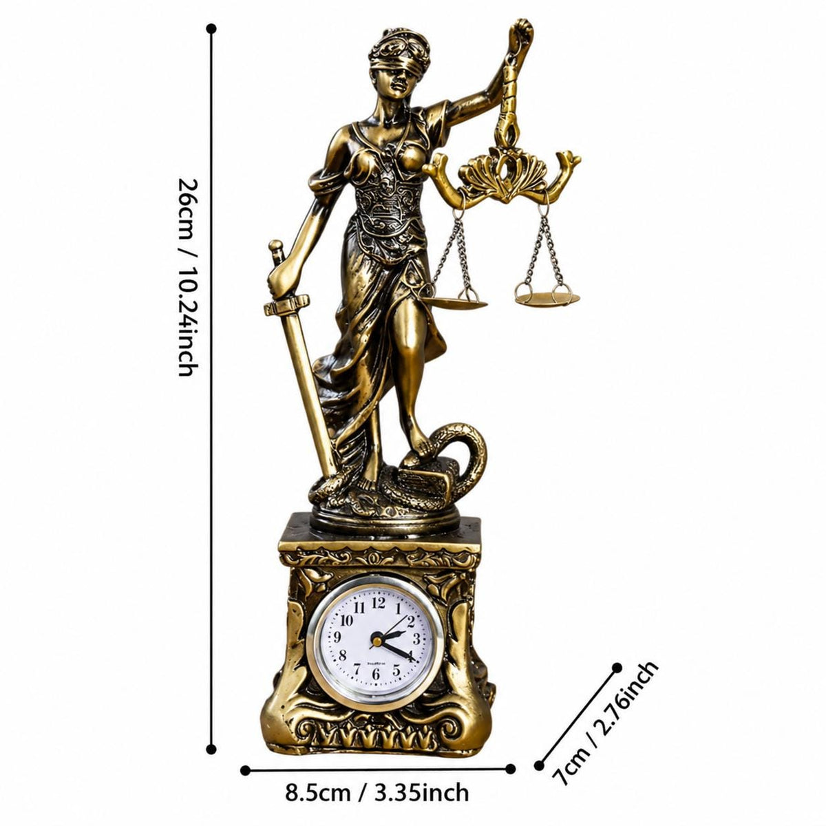 Lady Justice Statue with Clock, Lawyer Office Decor, Legal Gift, Scales Figurine, Law Firm Desk Ornament, Attorney Present.
