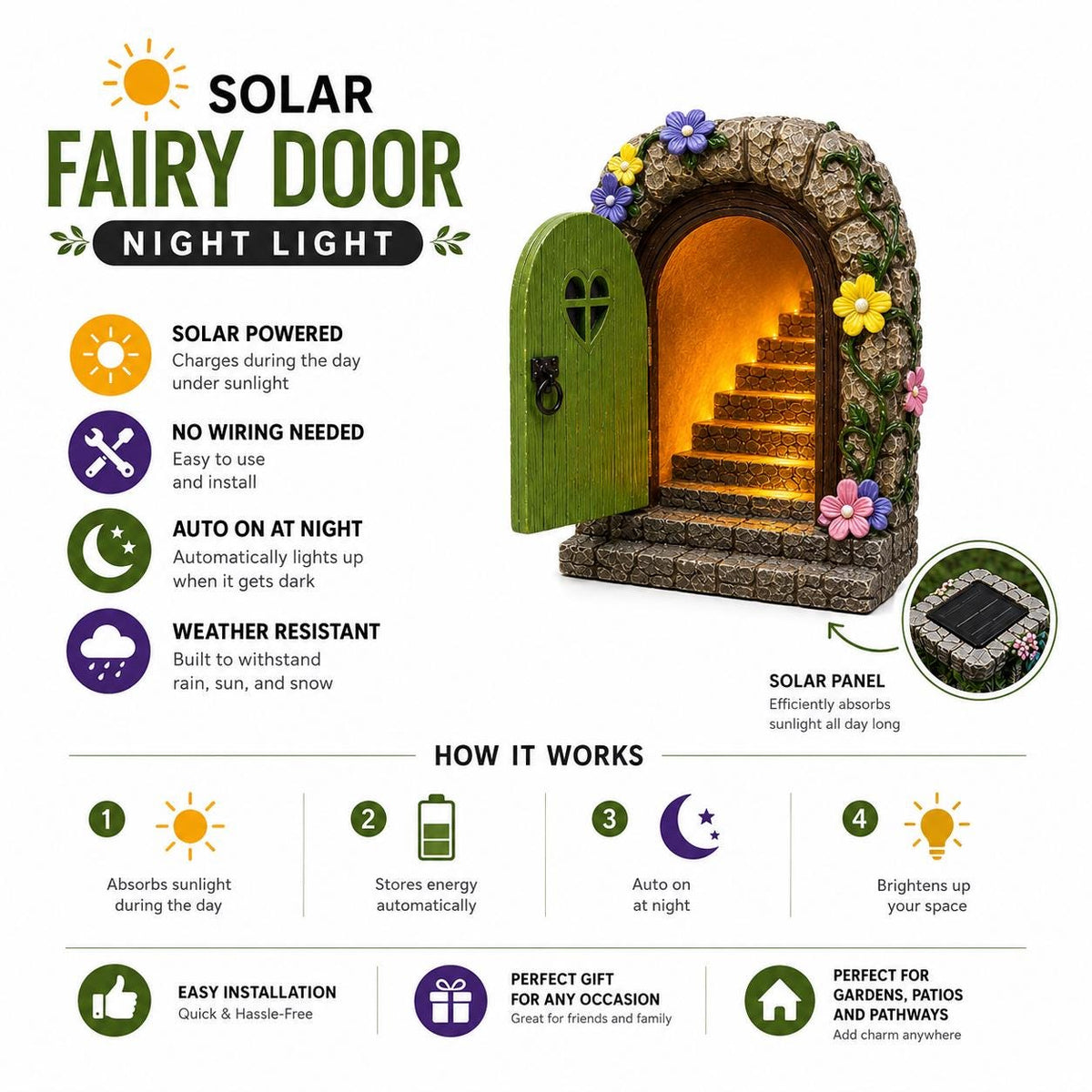 Solar Fairy Door Garden Light, Enchanted Tree Door Decor, Fairy Garden Ornament, Woodland Outdoor Light, Magical Garden Gift, Garden Decor
