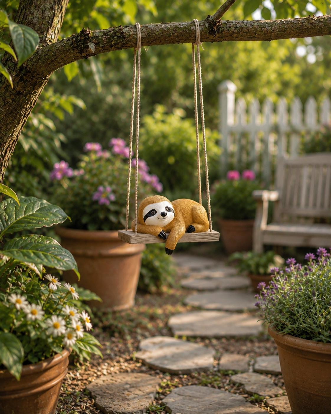 Cute Sloth Tree Swing Ornament, Resin Hanging Animal Decor, Whimsical Garden Statue, Outdoor Yard Decoration, Sloth Lover Gift, Garden Decor