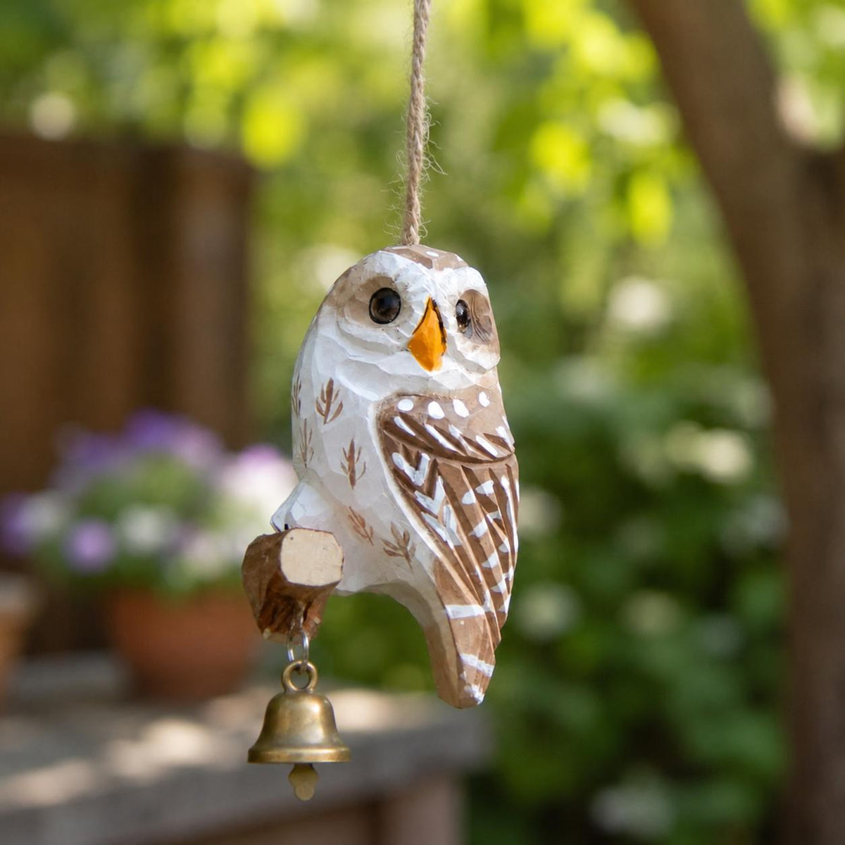 Wooden Owl Wind Chime, Handmade Hanging Owl Bell Ornament, Rustic Garden Decor, Outdoor Porch Chime, Bird Lover Gift, Hanging Ornament Gift