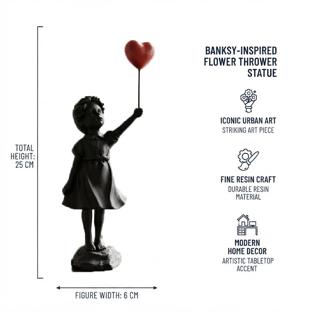 Banksy Girl with Red Heart Balloon Figurine, Black Silhouette Statue, Modern Street Art Home Decor Accent, Abstract Desk Sculptures.