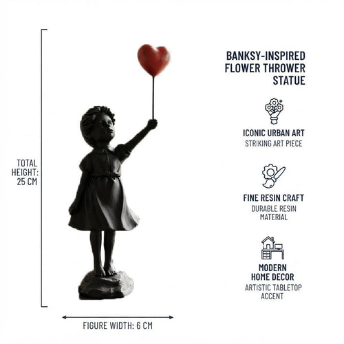 Banksy Girl with Red Heart Balloon Figurine, Black Silhouette Statue, Modern Street Art Home Decor Accent, Abstract Desk Sculptures.
