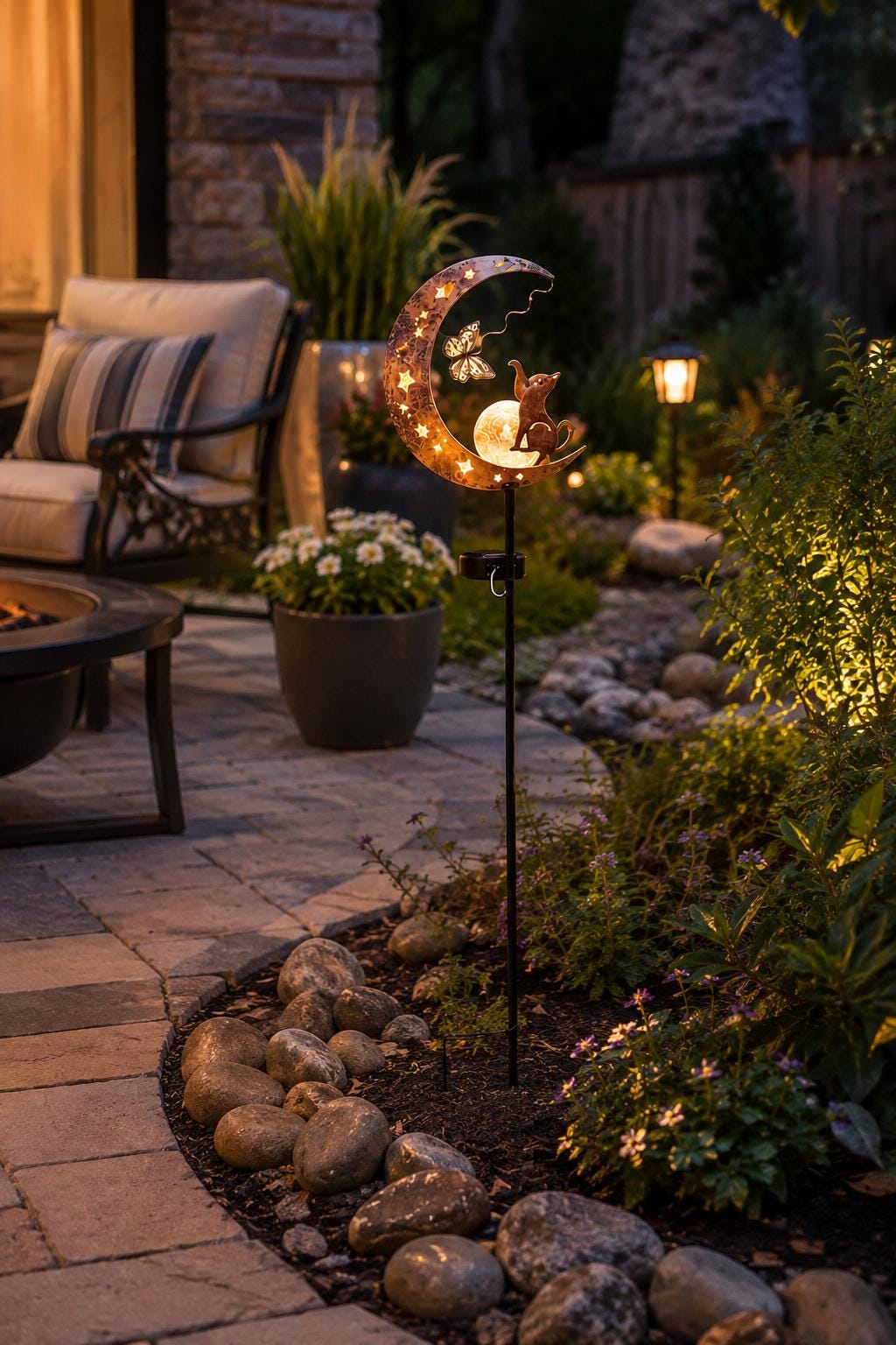 Solar Moon Garden Stake Light, Cat Crescent Moon Yard Decor, Outdoor Fairy Garden Light, Iron Pathway Light, Celestial Garden Gift