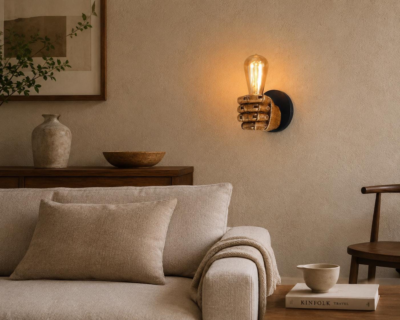 Rustic Hand Wall Light, Wood Look Resin Wall Sconce, Vintage Bedside Lamp, Industrial Bedroom Lighting, Unique Home Decor Gift,Bedroom Decor