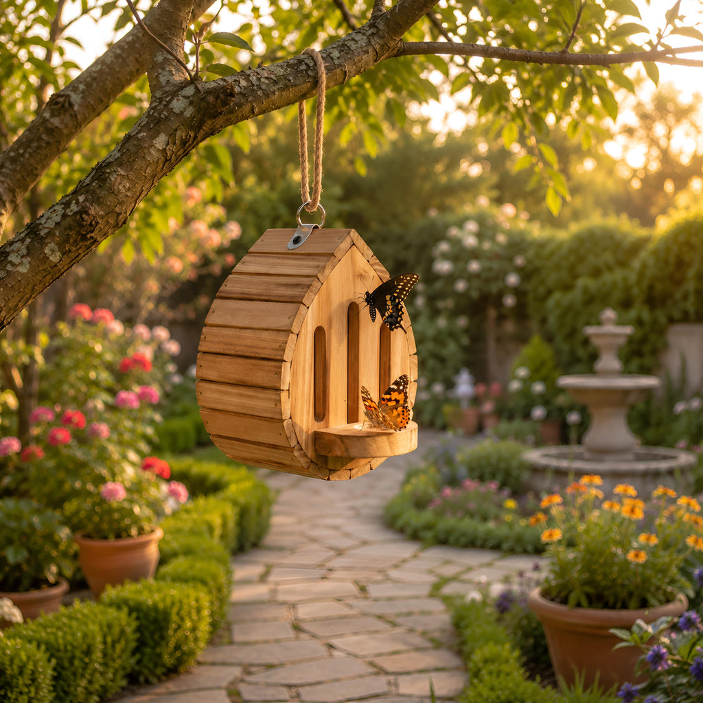 Hanging Wooden Butterfly Shelter, Rustic Butterfly Habitat, Outdoor Garden Insect House, Pollinator Friendly Yard Decor Gift, Garden Decor