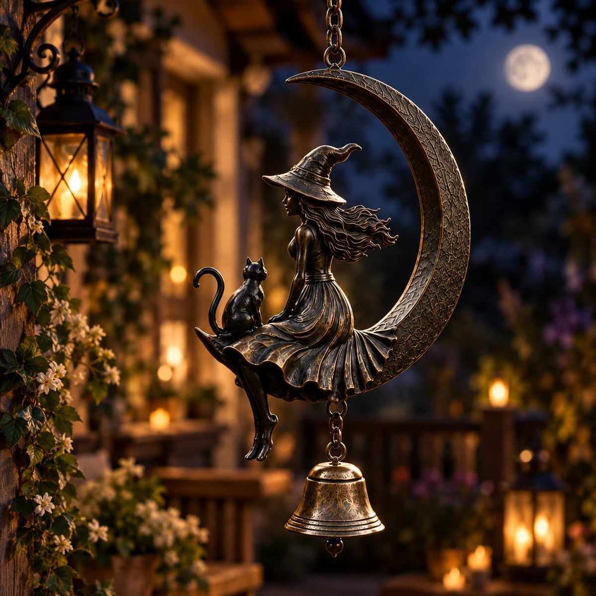 Witch Moon Wind Chime, Crescent Hanging Decor, Gothic Garden Ornament, Halloween Patio Accent, Mystical Witch Gift, Outdoor Bell