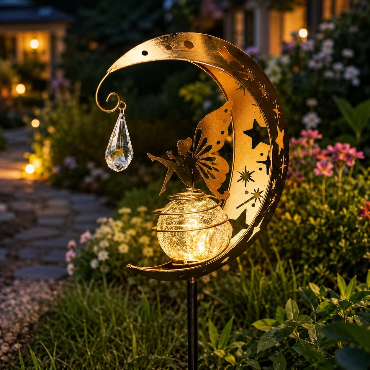 Solar Fairy Moon Garden Stake Light, Outdoor LED Crescent Moon Decor, Waterproof Fairy Pathway Light, Celestial Yard Ornament, Garden Decor
