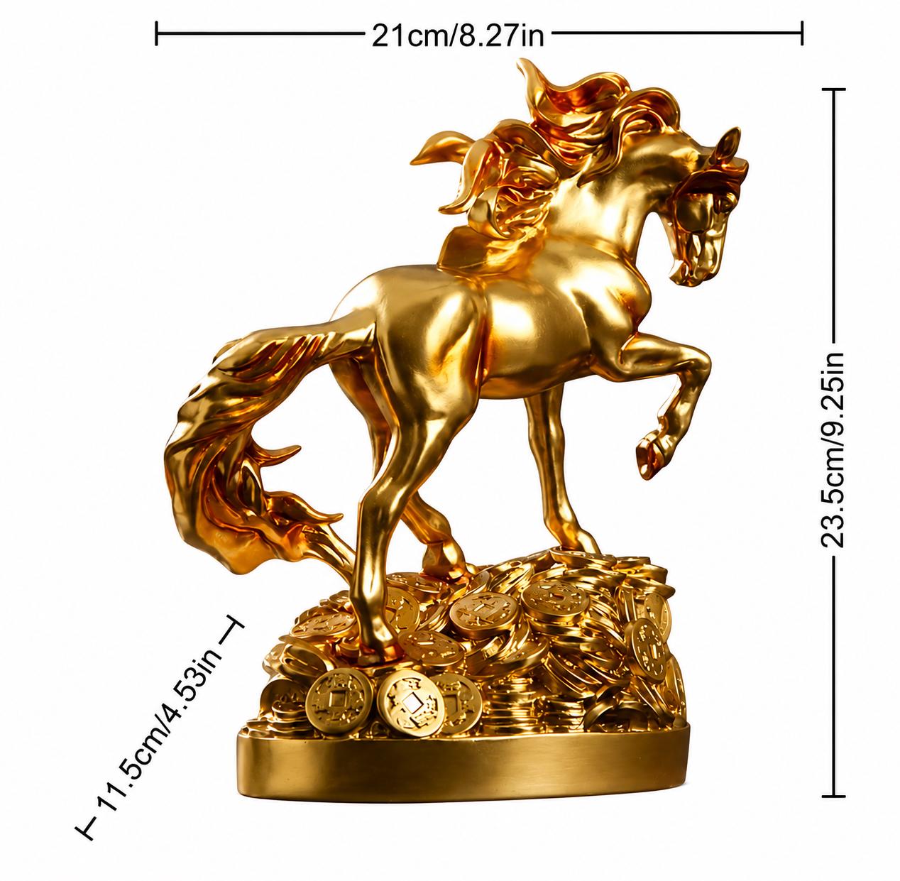 Golden Horse Statue, Feng Shui Wealth Decor, Galloping Equine Sculpture, Prosperity Coin Accent, Luxury Mantel Ornament, Office Gift.