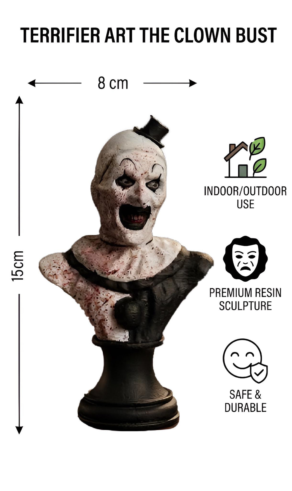 Terrifier Art the Clown Bust Statue, Scary Killer Horror Movie Figurine, Spooky Halloween Decor, Evil Creepy Tabletop Ornament Sculpture.