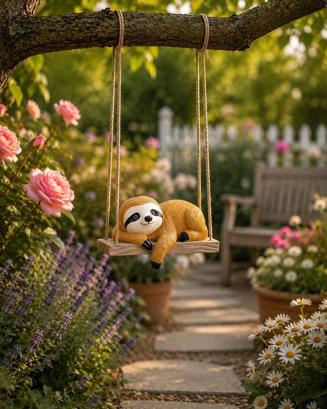 Cute Sloth Tree Swing Ornament, Resin Hanging Animal Decor, Whimsical Garden Statue, Outdoor Yard Decoration, Sloth Lover Gift, Garden Decor