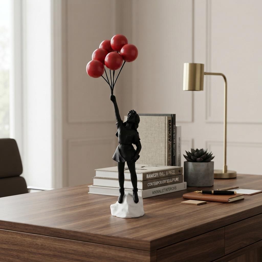 Banksy Girl with Red Heart Balloon Figurine, Black Silhouette Statue, Modern Street Art Home Decor Accent, Abstract Desk Sculptures.