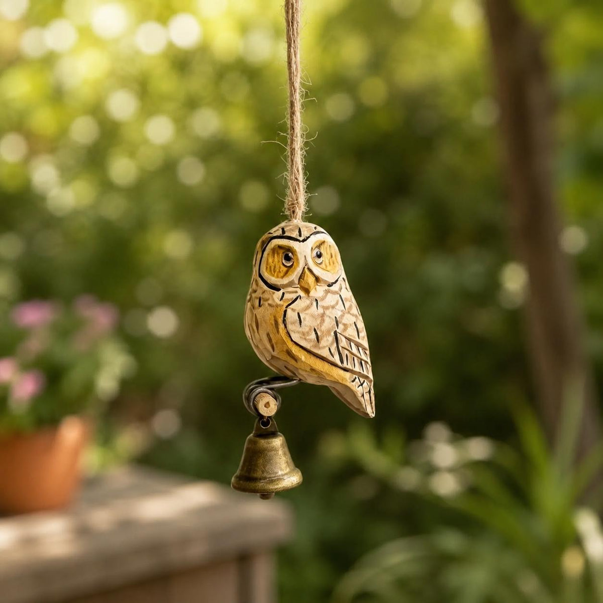 Wooden Owl Wind Chime, Handmade Hanging Owl Bell Ornament, Rustic Garden Decor, Outdoor Porch Chime, Bird Lover Gift, Hanging Ornament Gift