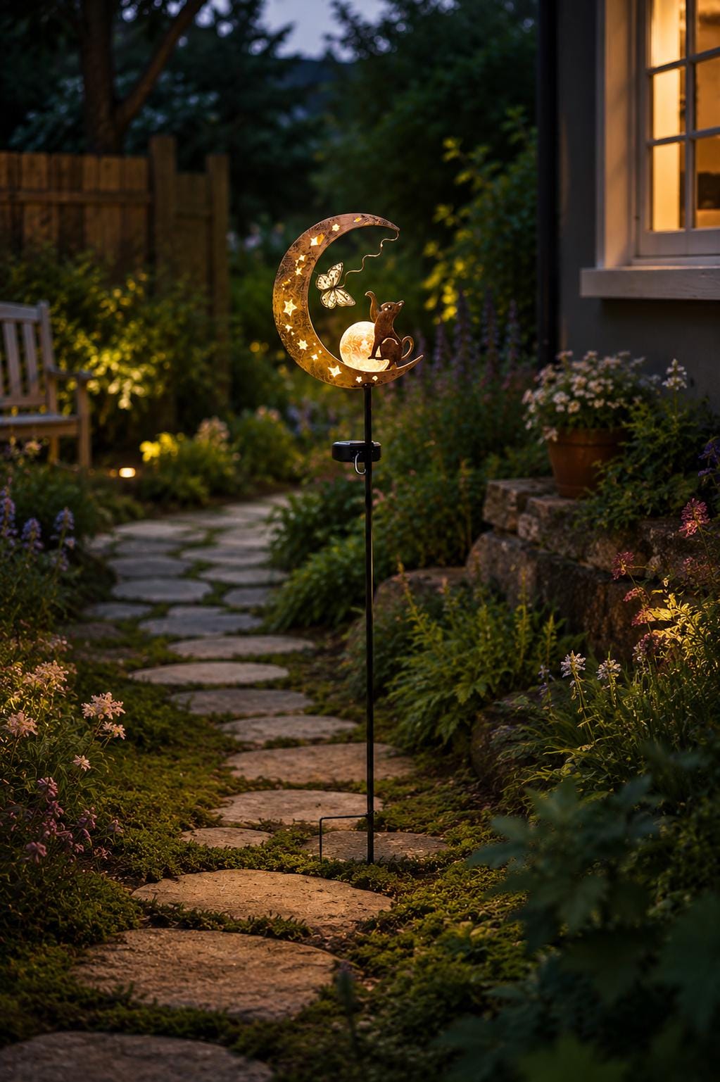 Solar Moon Garden Stake Light, Cat Crescent Moon Yard Decor, Outdoor Fairy Garden Light, Iron Pathway Light, Celestial Garden Gift