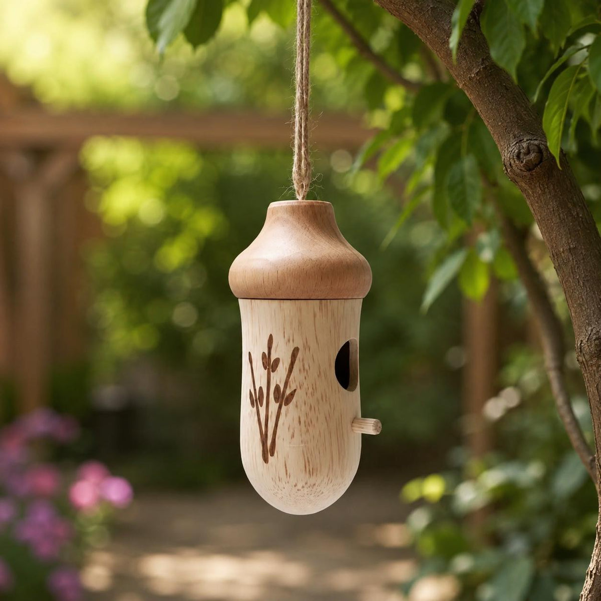 Hanging Birdhouse Garden Bird Feeder, Rustic Outdoor Decor, Acorn Cottage, Woodland Ornament, Backyard Accent, Nature Lover Gift.