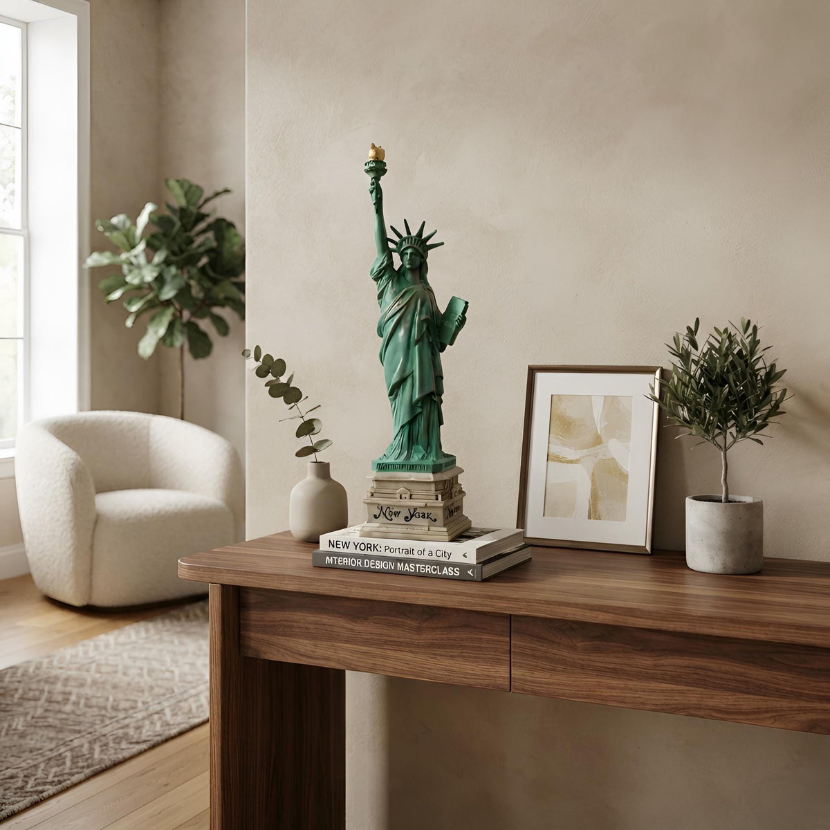 Statue of Liberty Figurine, New York City Replica Sculpture, Vintage Green Patina Torch Monument, American Landmark Desk Accent.