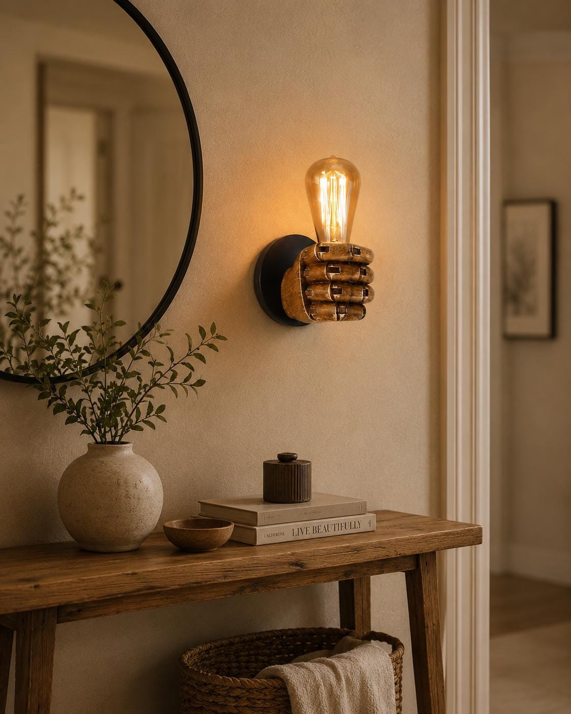 Rustic Hand Wall Light, Wood Look Resin Wall Sconce, Vintage Bedside Lamp, Industrial Bedroom Lighting, Unique Home Decor Gift,Bedroom Decor