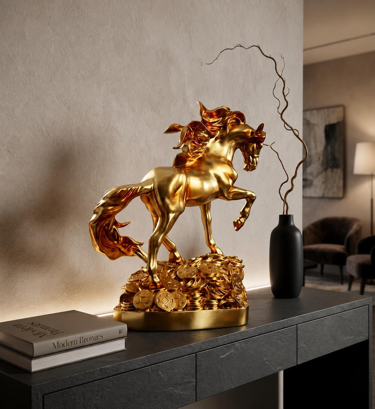 Golden Horse Statue, Feng Shui Wealth Decor, Galloping Equine Sculpture, Prosperity Coin Accent, Luxury Mantel Ornament, Office Gift.