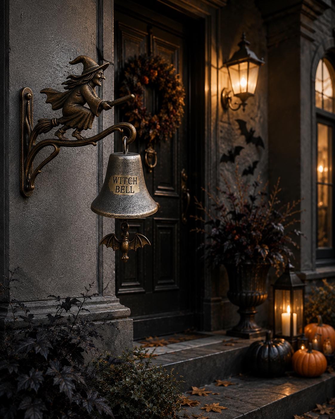 Witch Bell Wall Decor, Halloween Door Chime, Flying Witch Broom Hanger, Gothic Porch Accent, Spooky Entryway Ornament, Autumn Home Gift