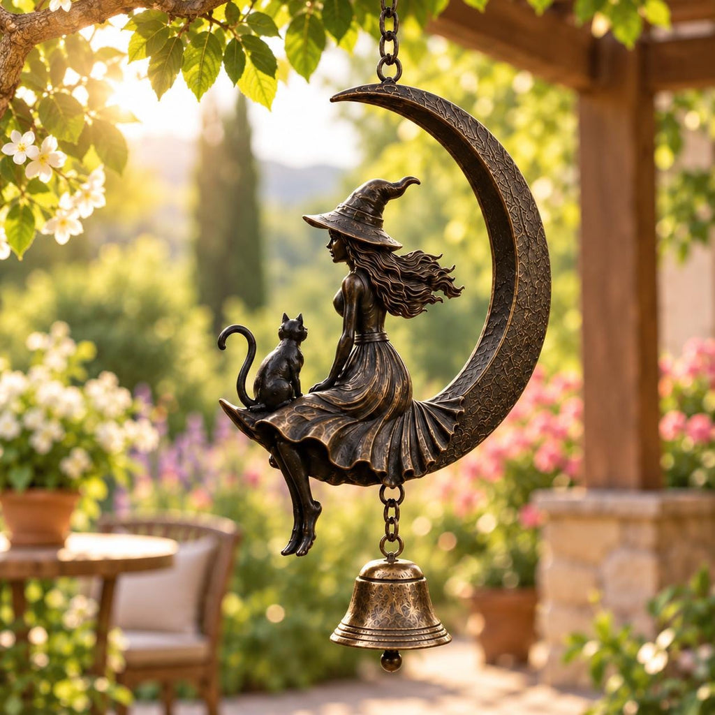 Witch Moon Wind Chime, Crescent Hanging Decor, Gothic Garden Ornament, Halloween Patio Accent, Mystical Witch Gift, Outdoor Bell