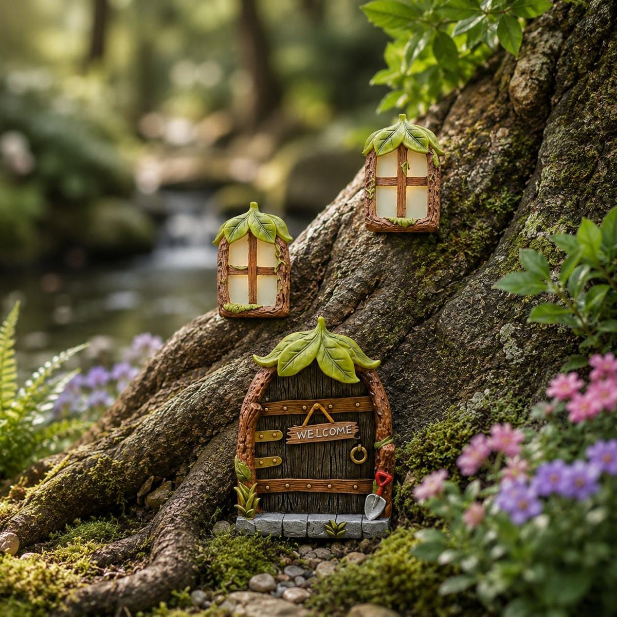 Fairy Door with Windows, Miniature Fairy Garden Door Set, Tree Fairy Door Decor, Enchanted Garden Ornament, Outdoor Garden Decor, Tree Decor