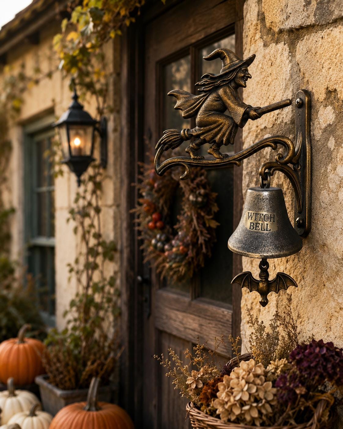 Witch Bell Wall Decor, Halloween Door Chime, Flying Witch Broom Hanger, Gothic Porch Accent, Spooky Entryway Ornament, Autumn Home Gift