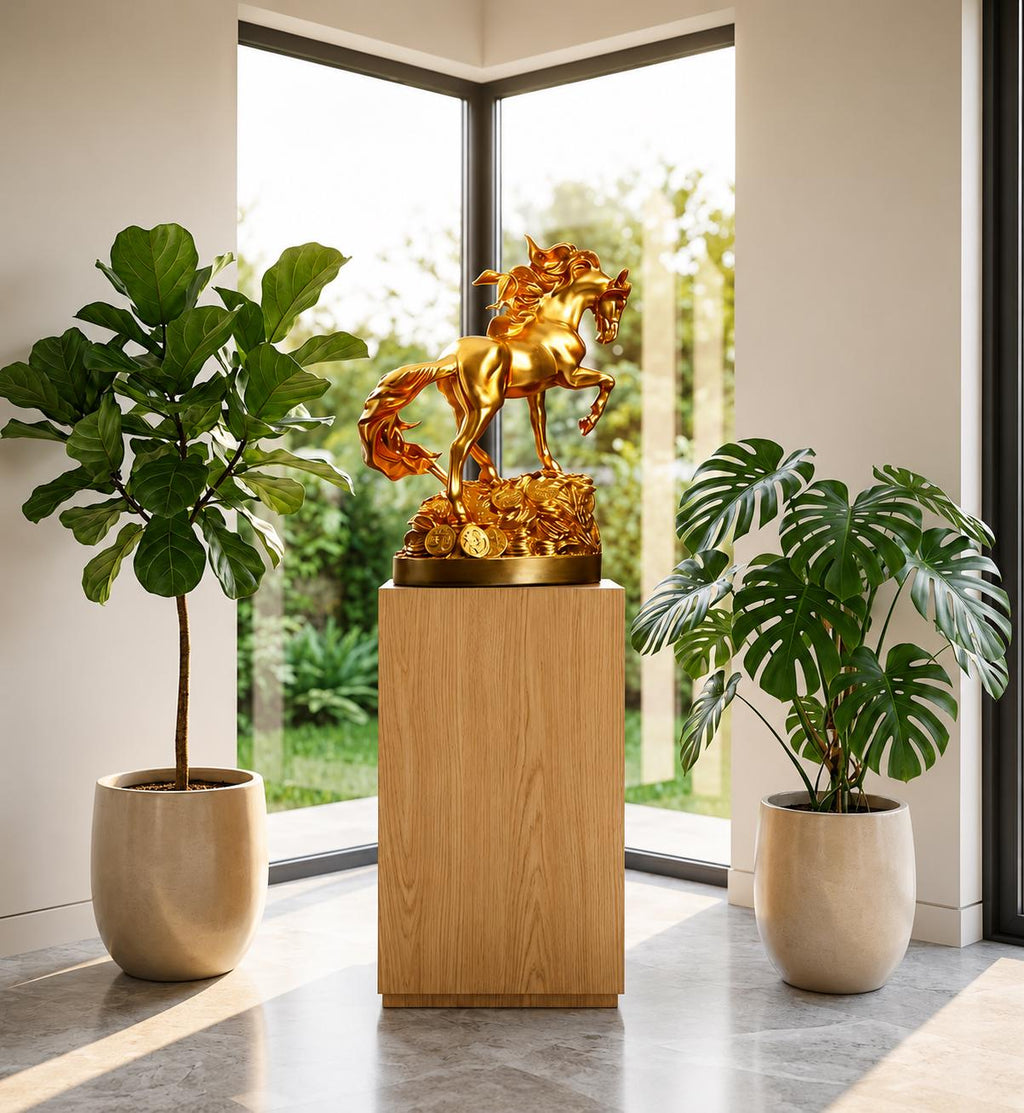 Golden Horse Statue, Feng Shui Wealth Decor, Galloping Equine Sculpture, Prosperity Coin Accent, Luxury Mantel Ornament, Office Gift.