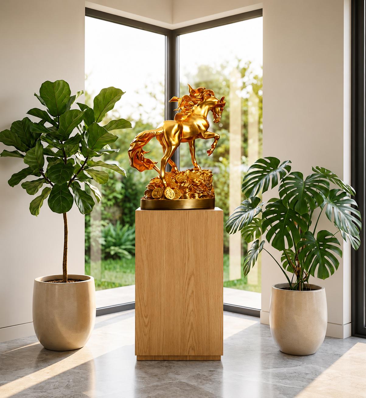 Golden Horse Statue, Feng Shui Wealth Decor, Galloping Equine Sculpture, Prosperity Coin Accent, Luxury Mantel Ornament, Office Gift.