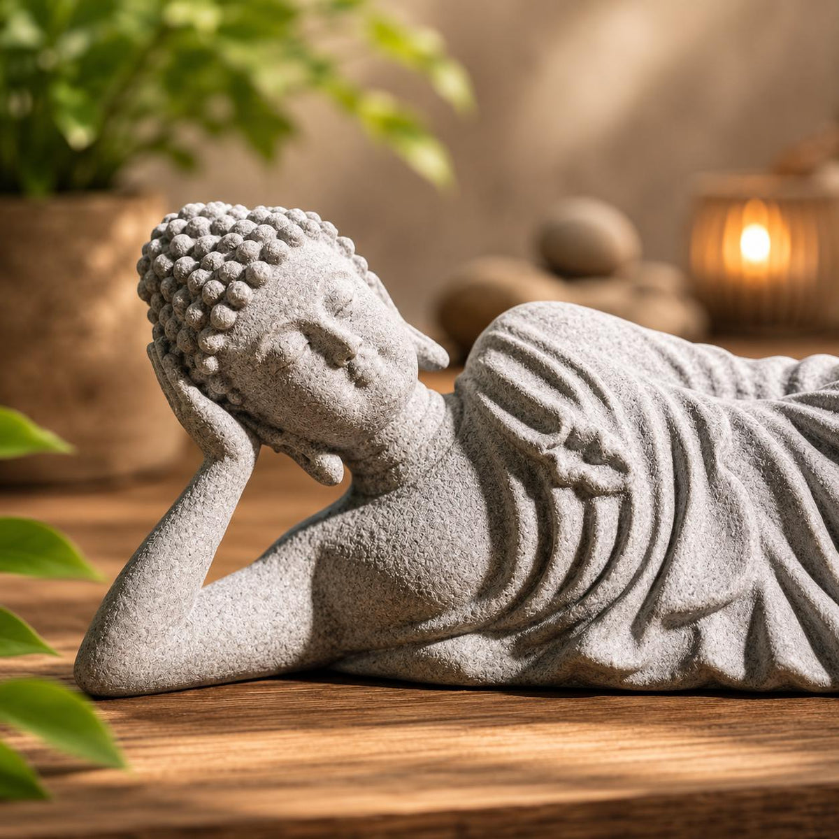Reclining Buddha Statue, Zen Garden Sculpture, Meditation Decor, Peaceful Figurine, Buddhist Accent, Spiritual Home Ornament, Yoga Gift.