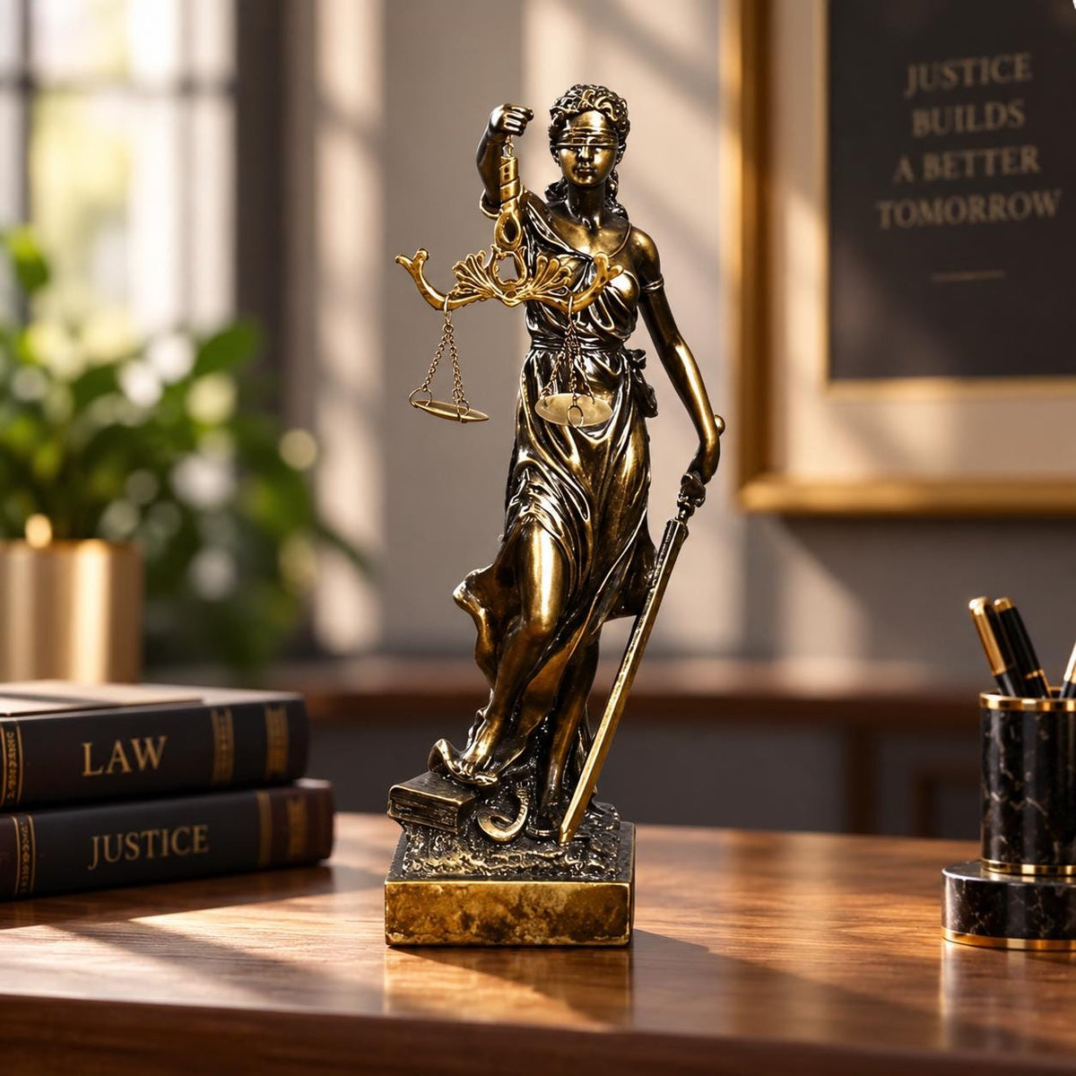 Lady Justice Statue with Clock, Lawyer Office Decor, Legal Gift, Scales Figurine, Law Firm Desk Ornament, Attorney Present.