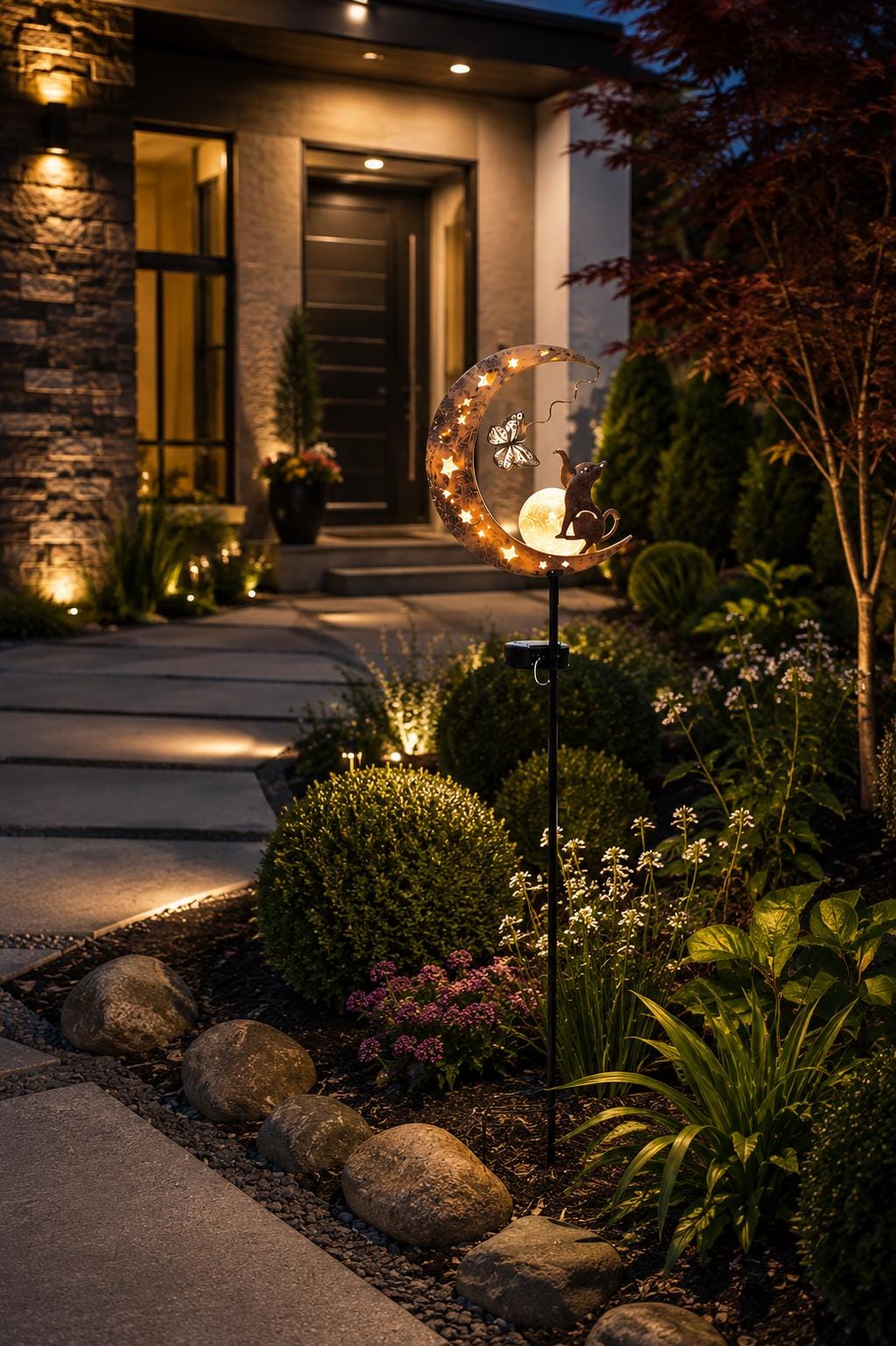 Solar Moon Garden Stake Light, Cat Crescent Moon Yard Decor, Outdoor Fairy Garden Light, Iron Pathway Light, Celestial Garden Gift