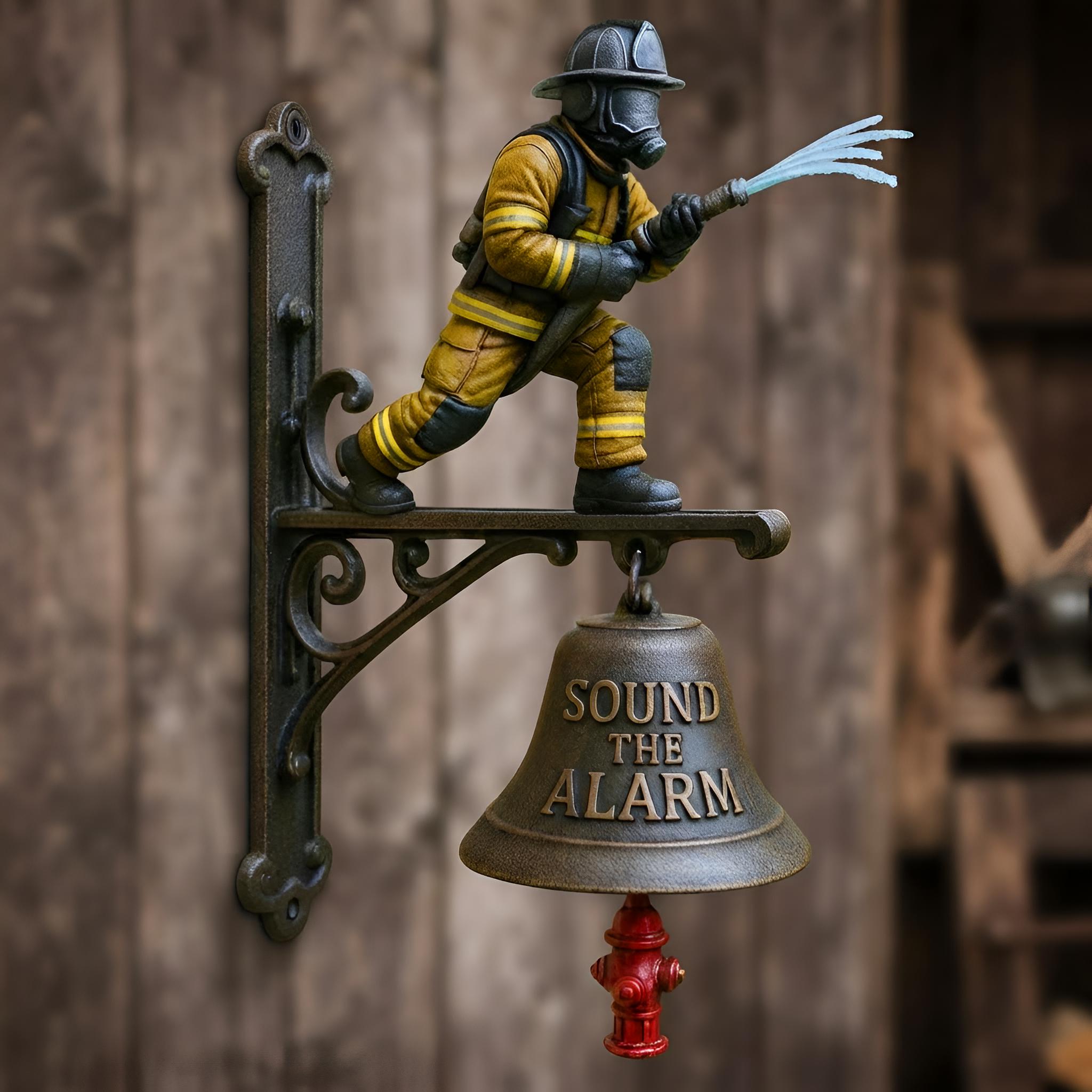 Firefighter Bell Wall Decor, Fireman Garden Statue, Vintage Alarm, Rustic Entryway Accent, First Responder Gift, Outdoor Porch Art.