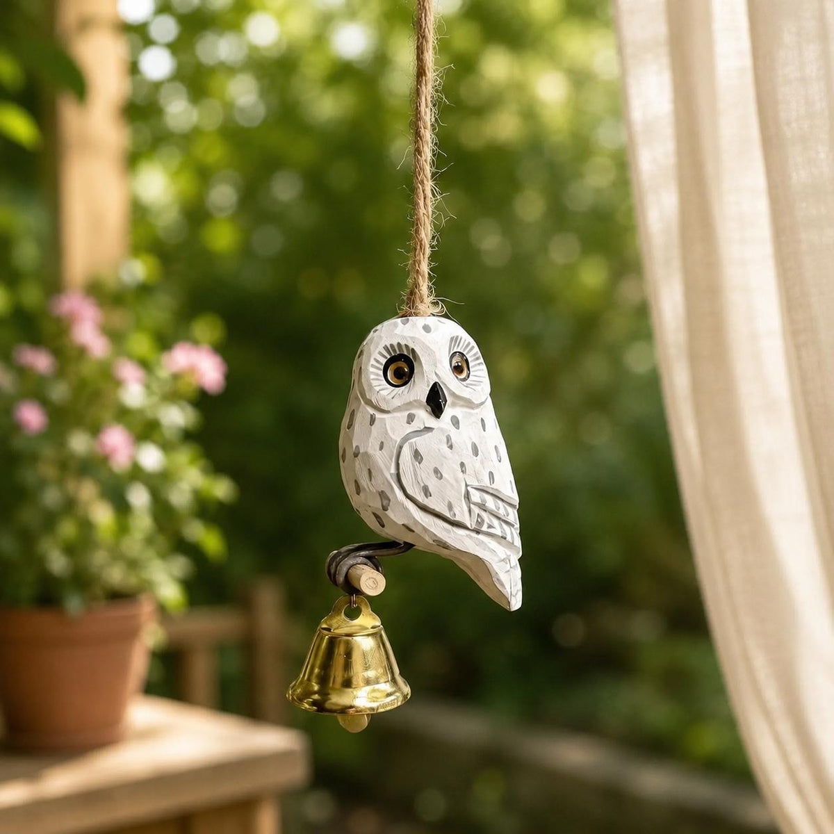 Wooden Owl Wind Chime, Handmade Hanging Owl Bell Ornament, Rustic Garden Decor, Outdoor Porch Chime, Bird Lover Gift, Hanging Ornament Gift