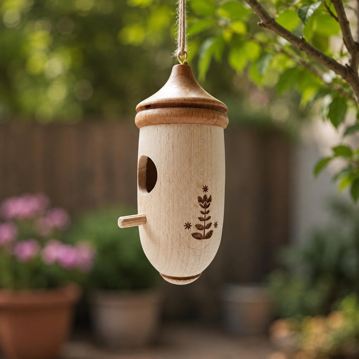 Hanging Birdhouse Garden Bird Feeder, Rustic Outdoor Decor, Acorn Cottage, Woodland Ornament, Backyard Accent, Nature Lover Gift.