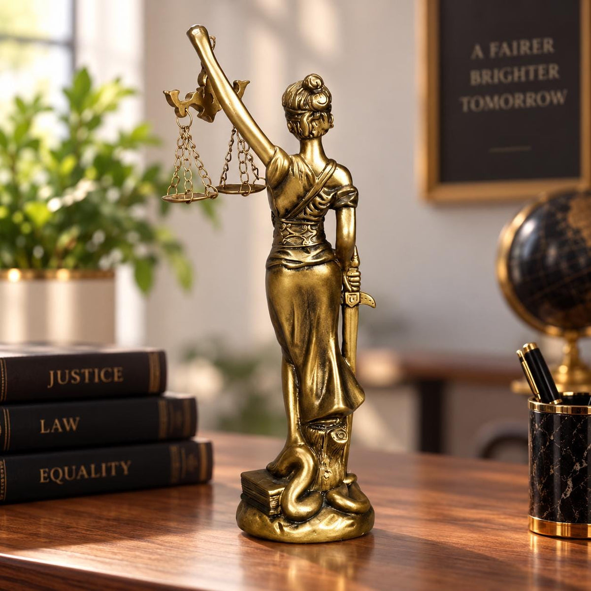 Lady Justice Statue with Clock, Lawyer Office Decor, Legal Gift, Scales Figurine, Law Firm Desk Ornament, Attorney Present.