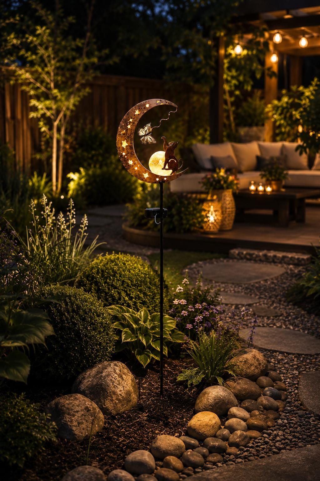 Solar Moon Garden Stake Light, Cat Crescent Moon Yard Decor, Outdoor Fairy Garden Light, Iron Pathway Light, Celestial Garden Gift