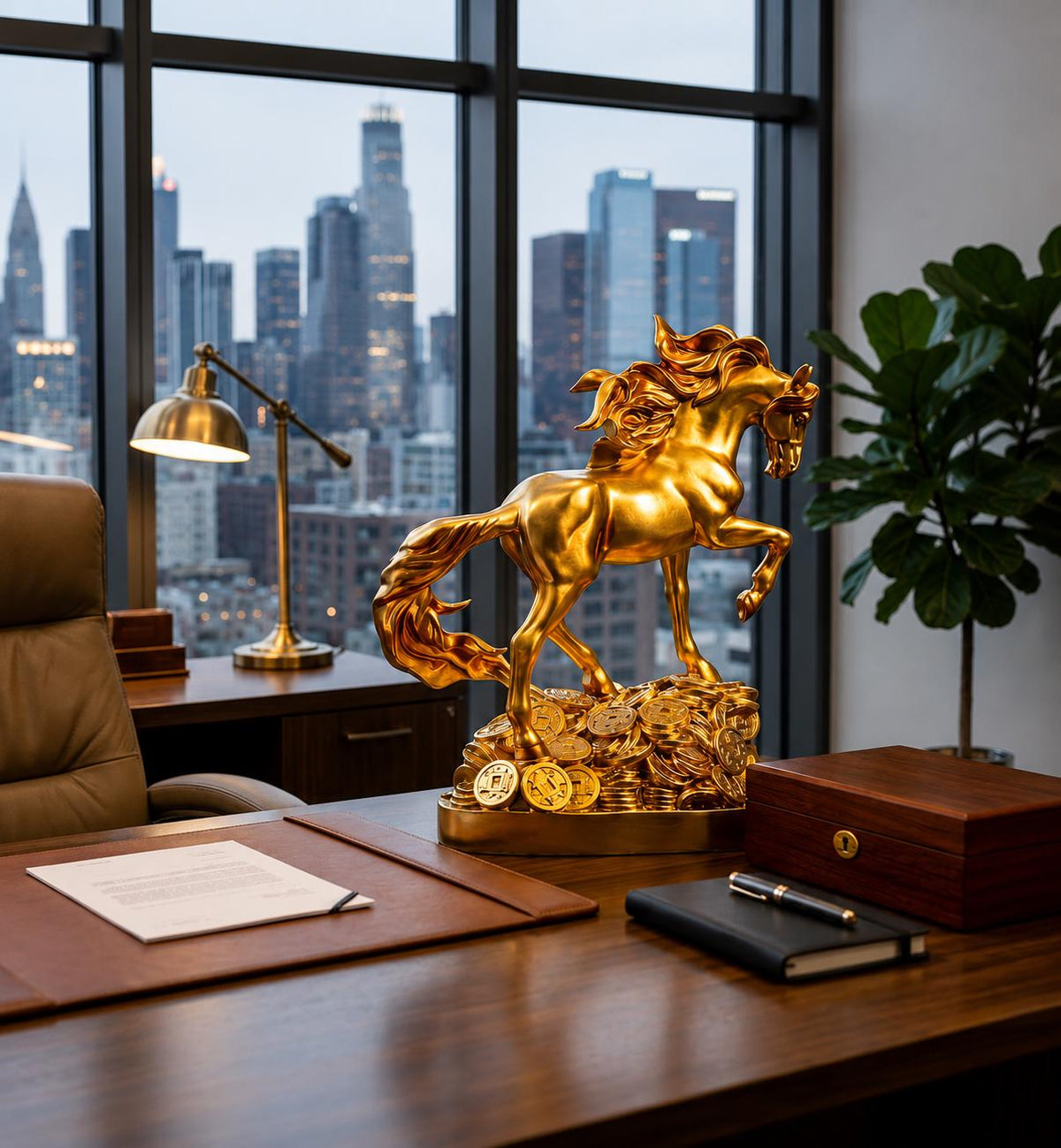 Golden Horse Statue, Feng Shui Wealth Decor, Galloping Equine Sculpture, Prosperity Coin Accent, Luxury Mantel Ornament, Office Gift.