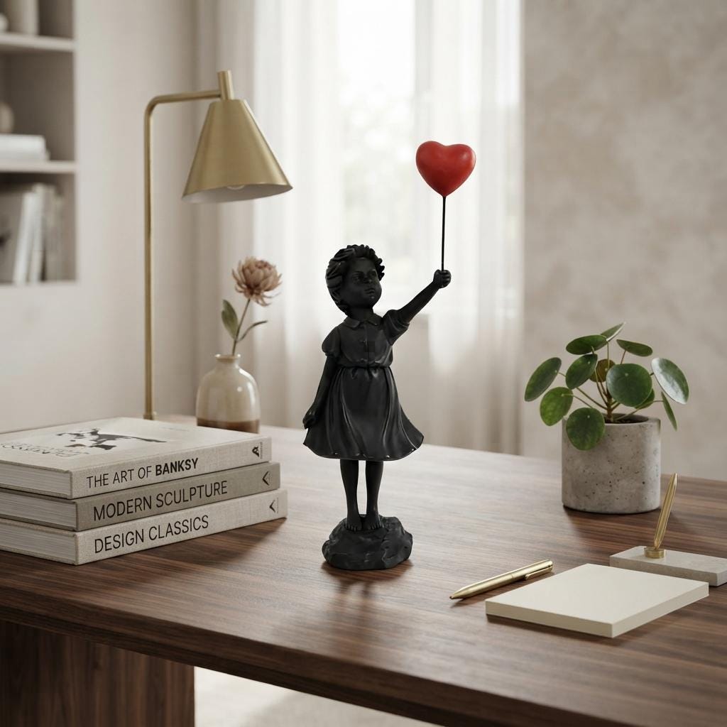 Banksy Girl with Red Heart Balloon Figurine, Black Silhouette Statue, Modern Street Art Home Decor Accent, Abstract Desk Sculptures.