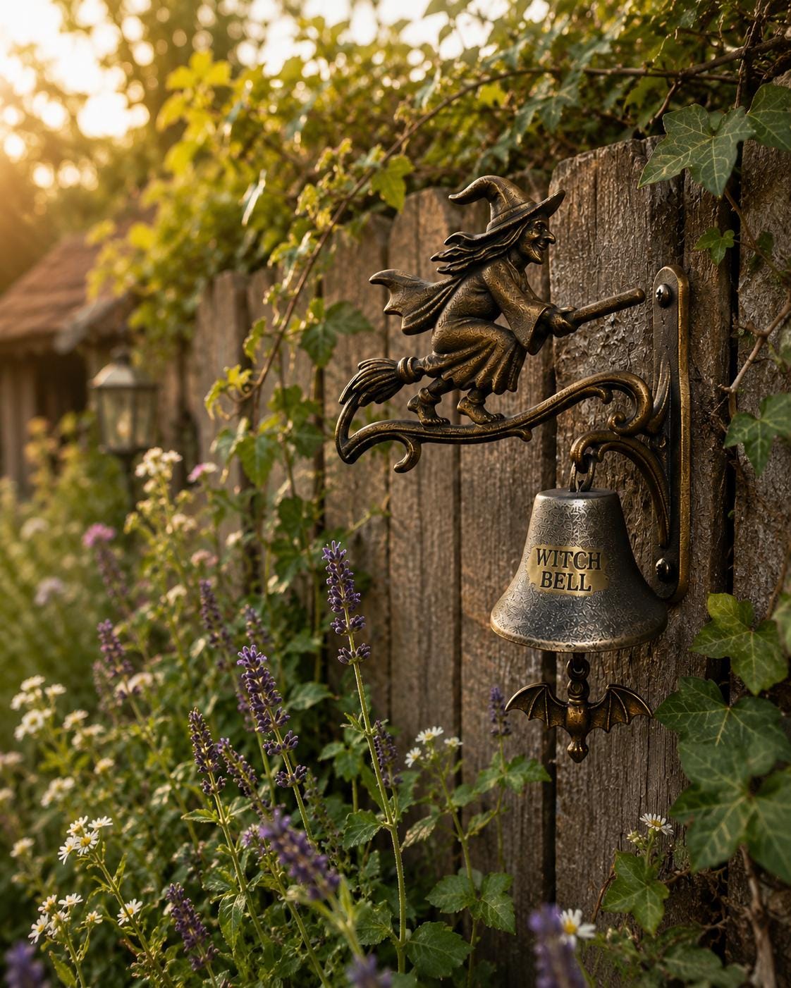 Witch Bell Wall Decor, Halloween Door Chime, Flying Witch Broom Hanger, Gothic Porch Accent, Spooky Entryway Ornament, Autumn Home Gift