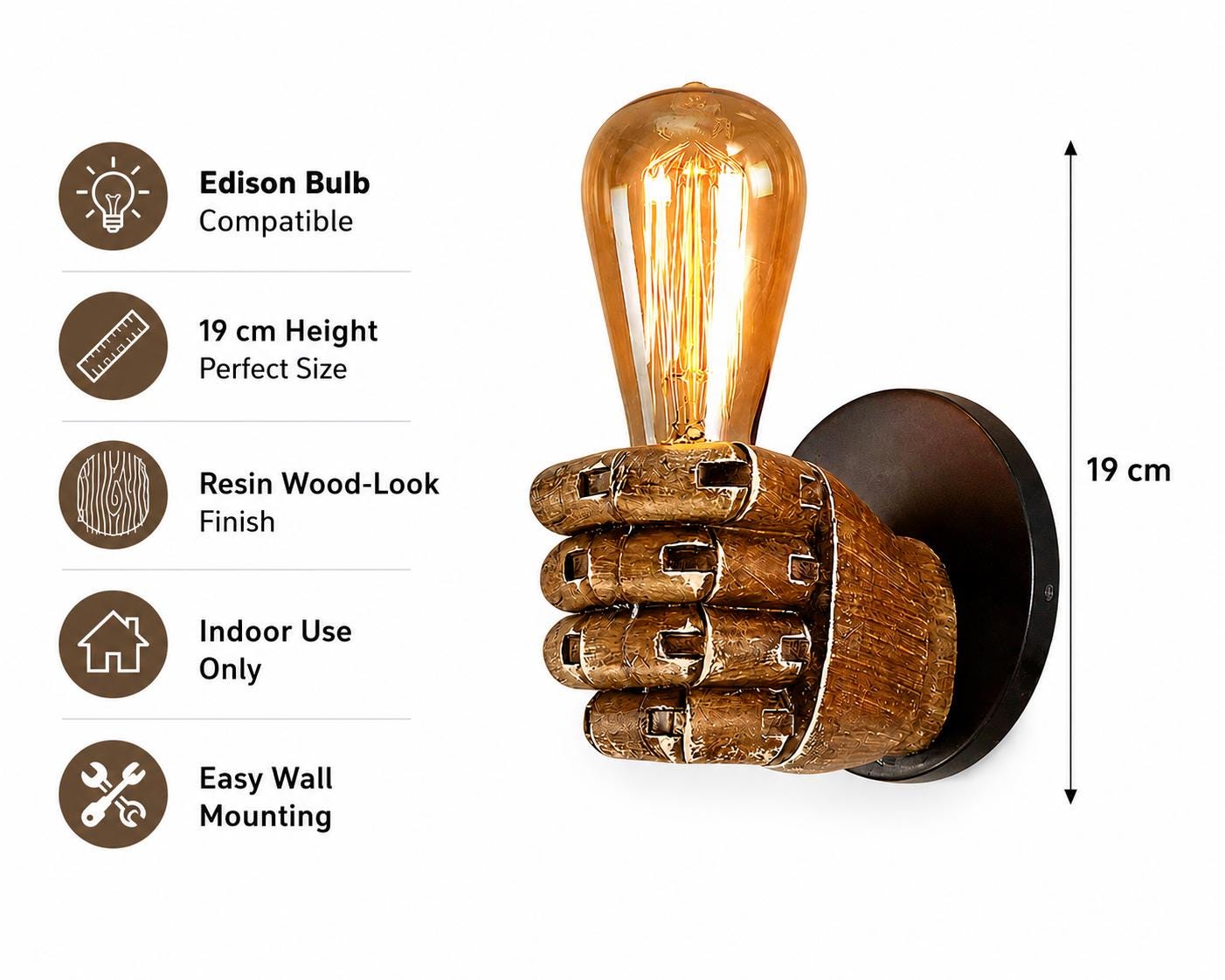 Rustic Hand Wall Light, Wood Look Resin Wall Sconce, Vintage Bedside Lamp, Industrial Bedroom Lighting, Unique Home Decor Gift,Bedroom Decor