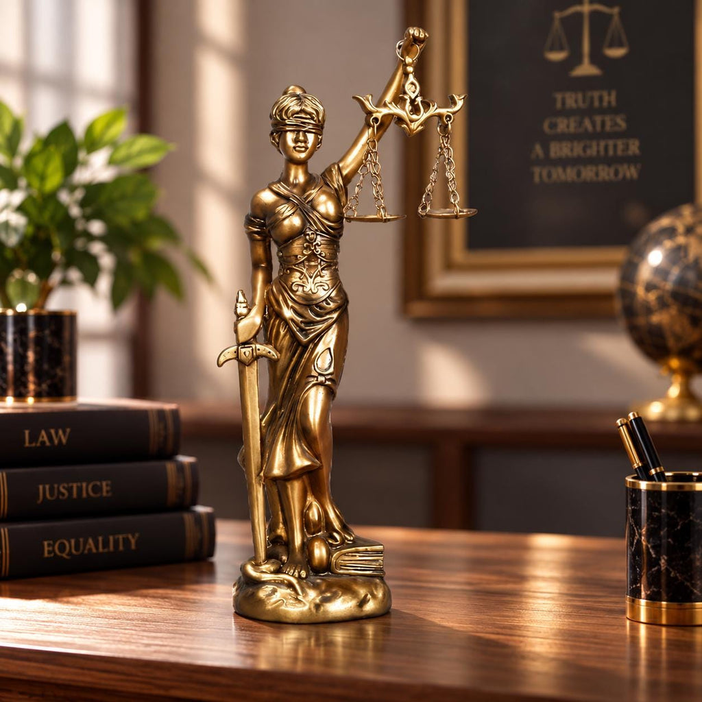 Lady Justice Statue with Clock, Lawyer Office Decor, Legal Gift, Scales Figurine, Law Firm Desk Ornament, Attorney Present.